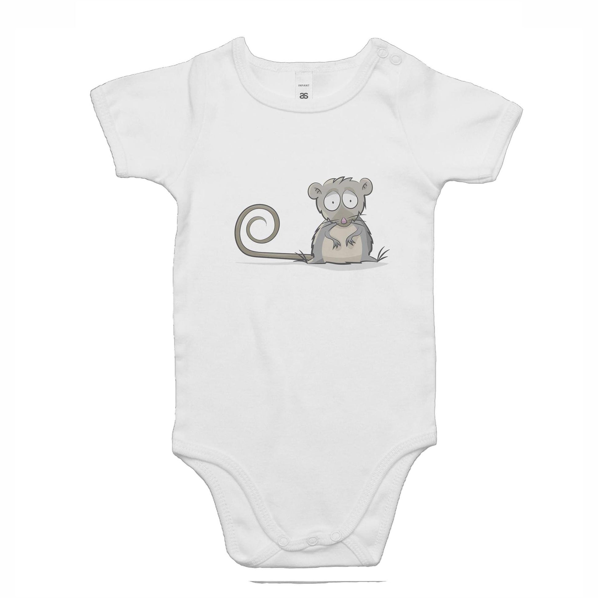 A white baby romper suit with a printed seated mountain pygmy possum toon