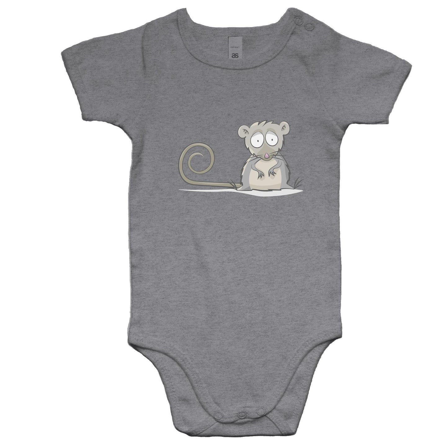 A grey baby romper suit with a printed seated mountain pygmy possum toon